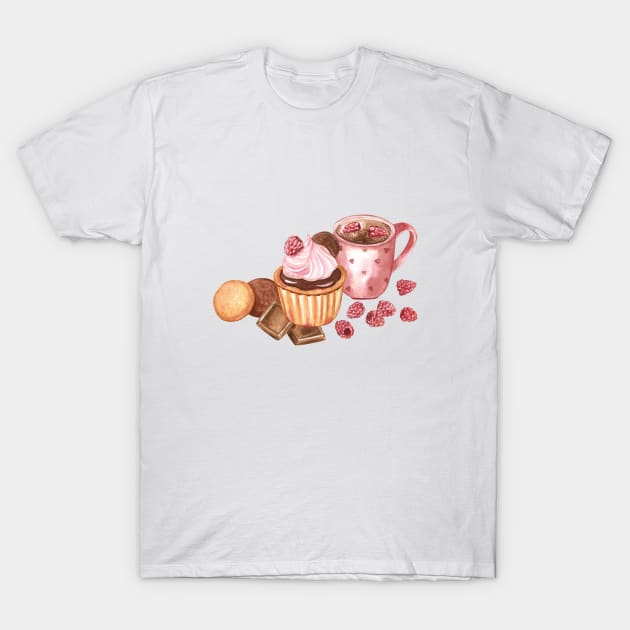 Cupcake and hot chocolate watercolor T-Shirt by Flowersforbear